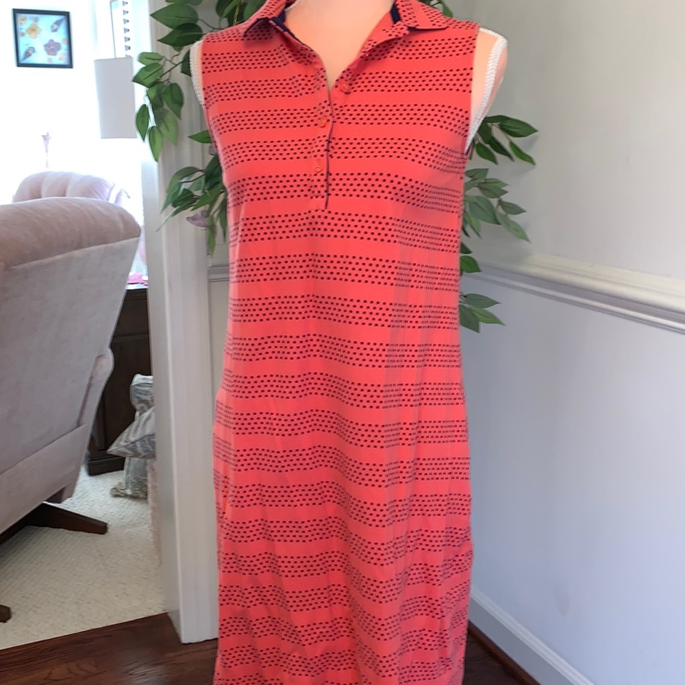 💛Land’s End peach polo dress with navy dots size small 6-8💛